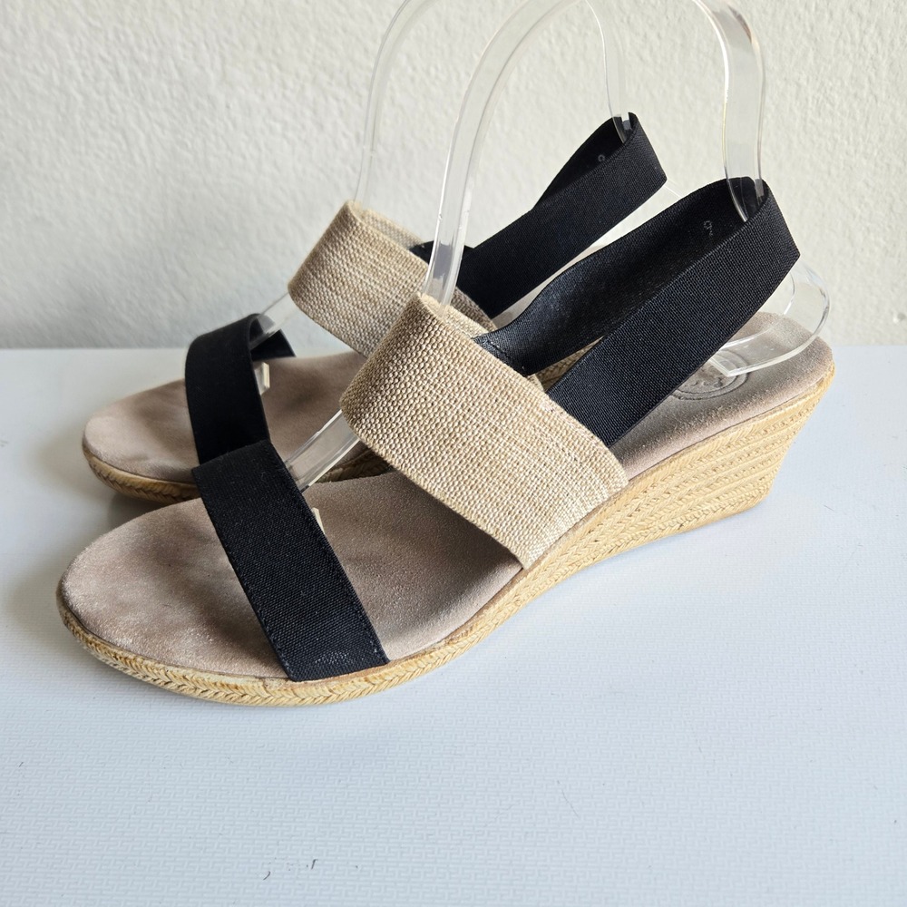 Charleston Shoe Co Womens Black Beige Elastic Strap Espadrille Wedge Sandals 9